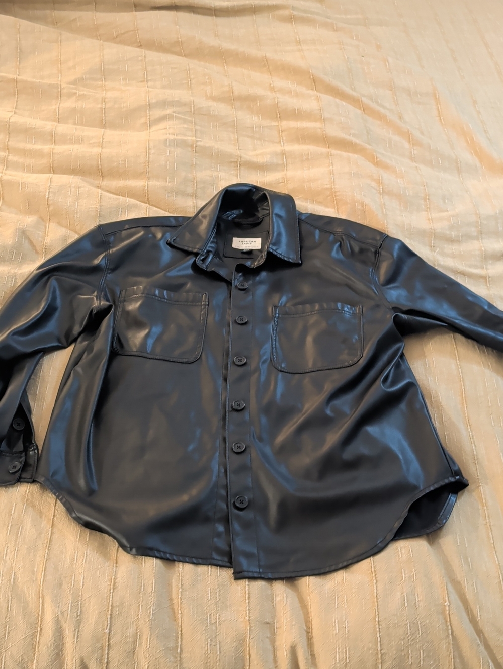American Eagle Outfitters Black Faux Leather Button-Down Shirt Jacket